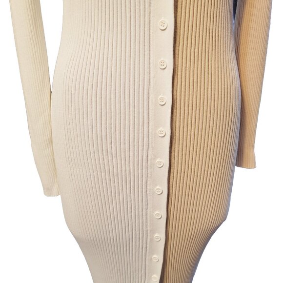 Staud Shoko Dress Beige Color Block Rib Sweater V Neck Button Front Midi Small - Picture 4 of 9